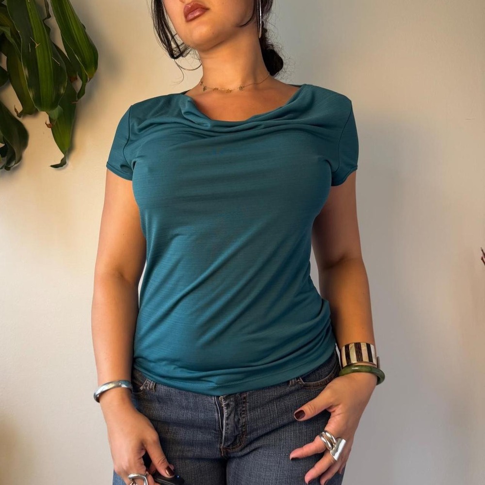 Vintage Suzie Teal Cowl Neck Slinky Blouse Y2K 90s Made in USA Large